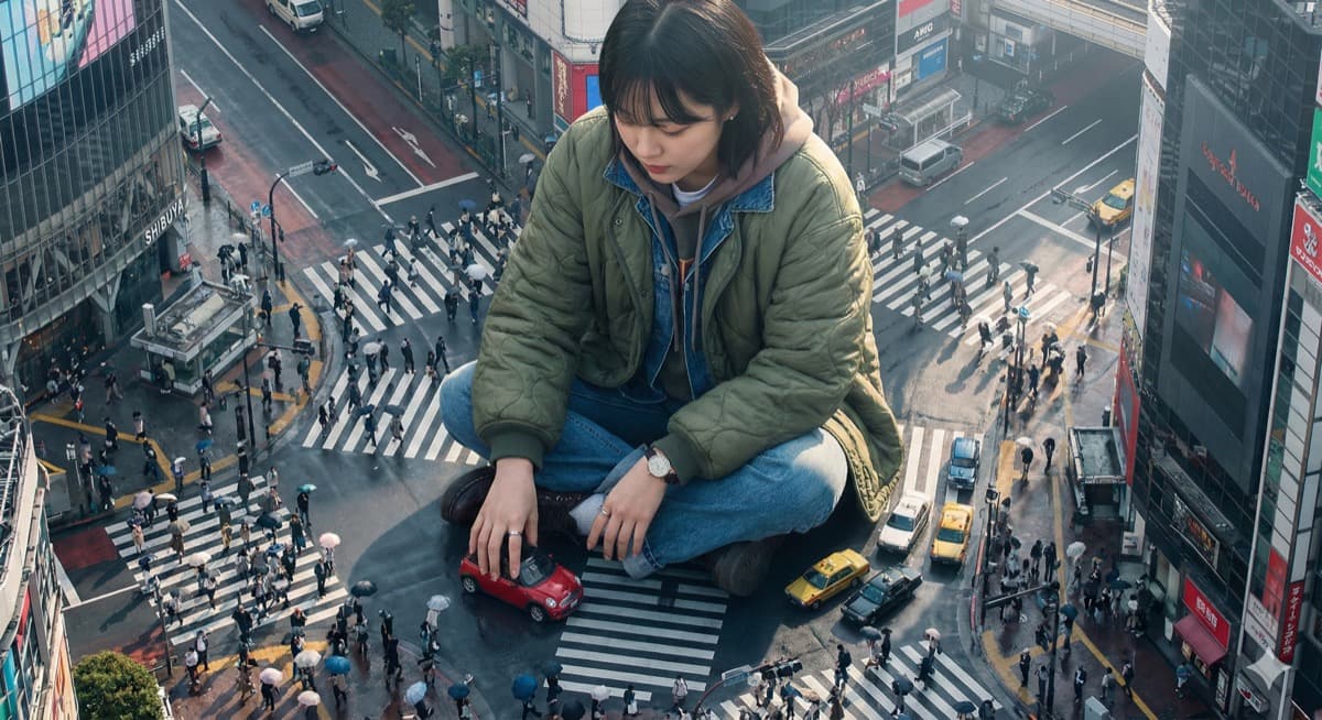 A giant Korean woman stands amidst the bustling city streets.