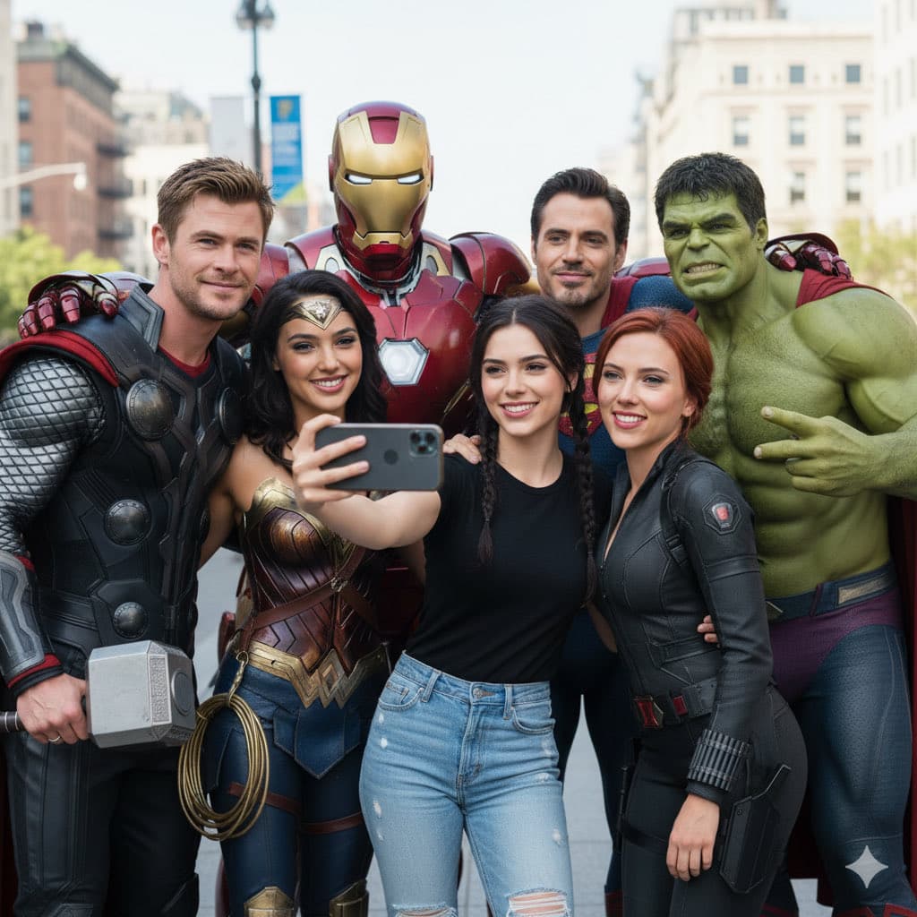 Taking a group selfie with Marvel characters