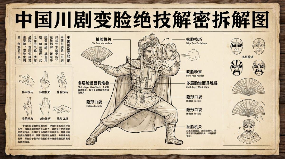 Diagrama de desmontagem explicativo da técnica de mudança de rosto da Ópera de Sichuan